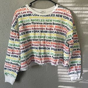 EUC Forever 21 frayed cropped sweatshirt world destinations travel